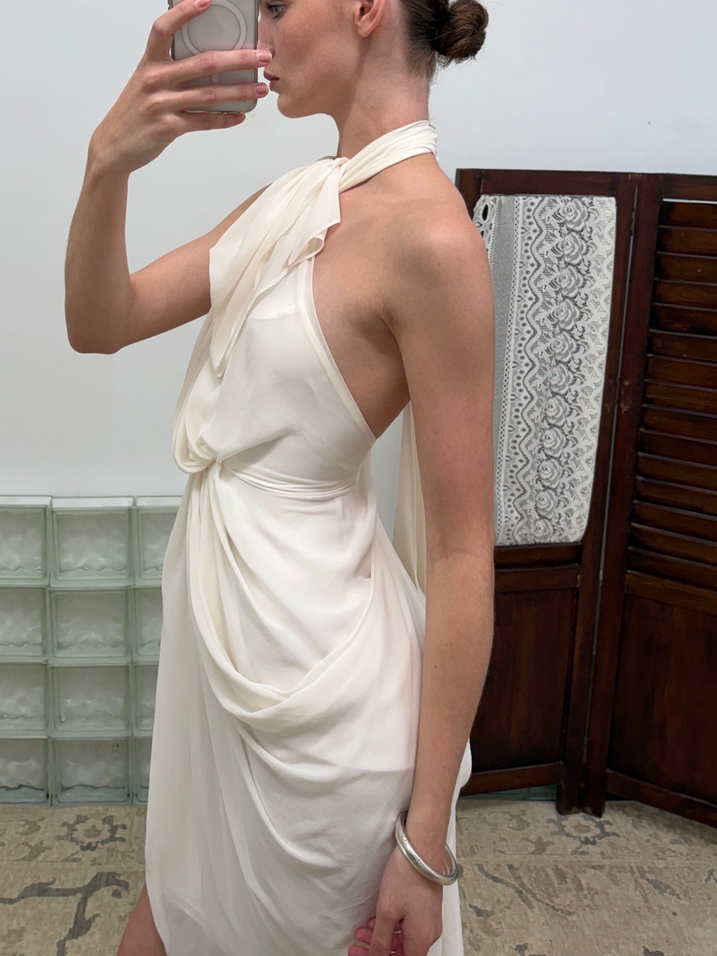 Vintage Y2K ivory draped t-back midi dress