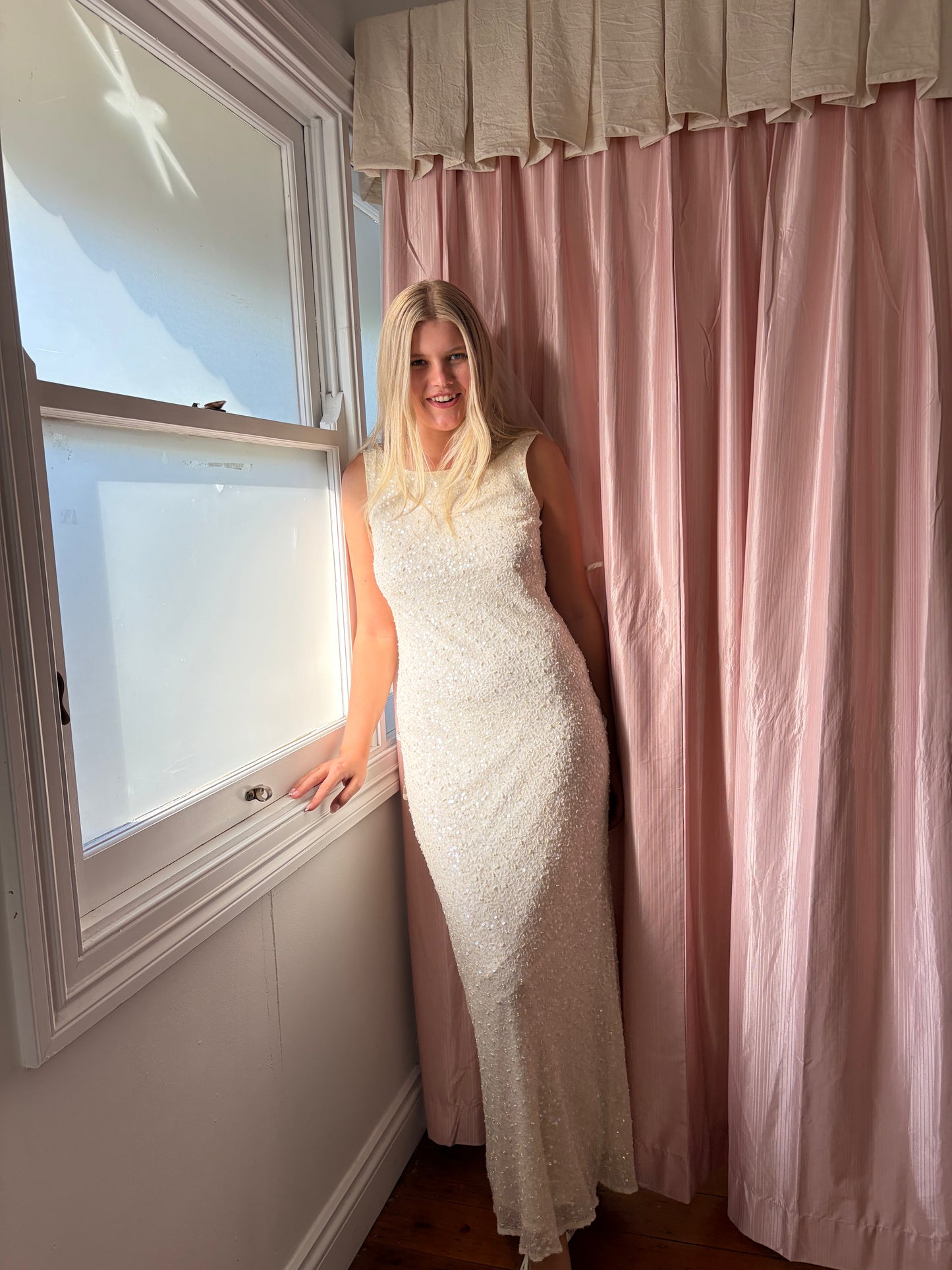 Vintage 90s silk beaded high neck gown with low back