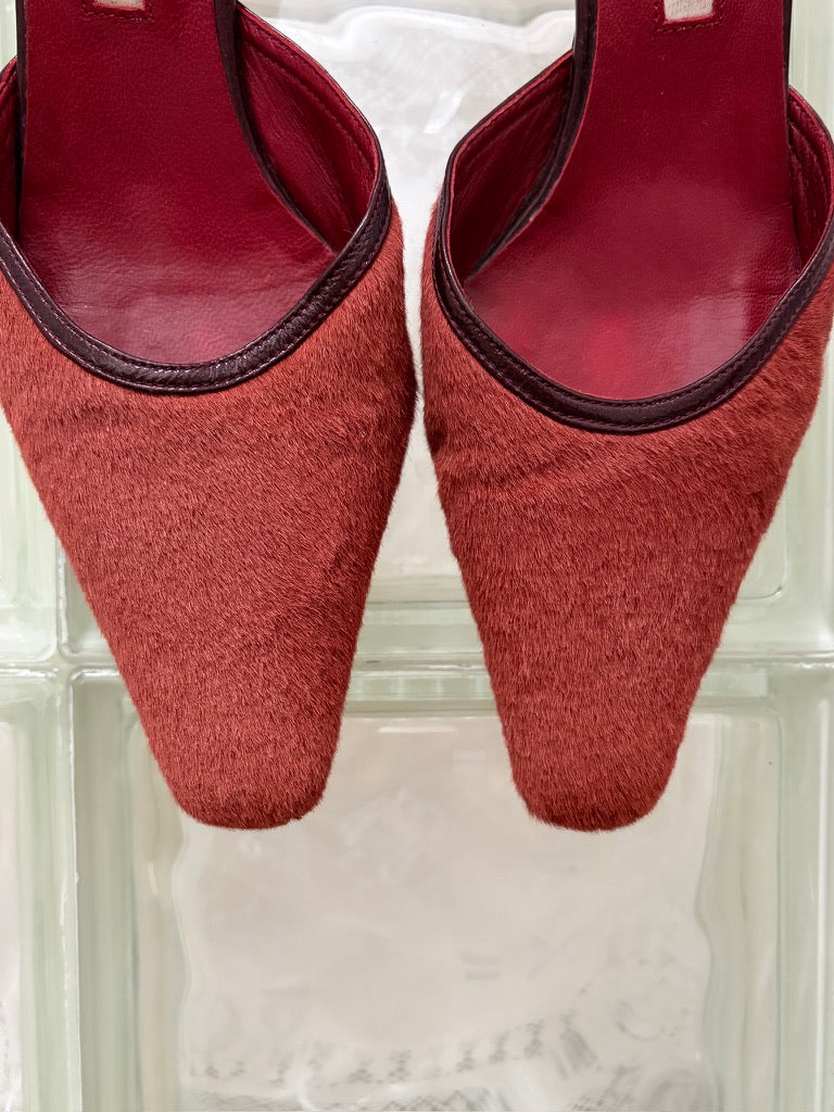 Vintage Enrico Antinori rust ponyhair slingback kitten heels