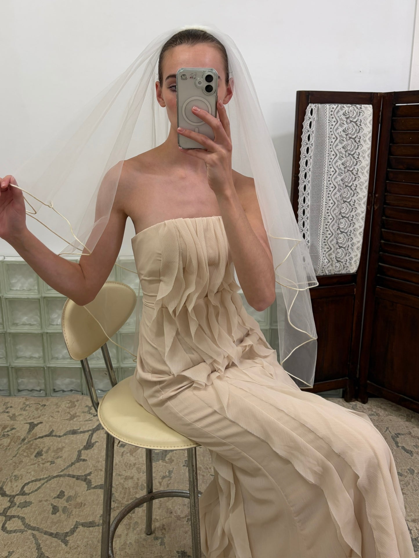 Vintage Y2K Vera Wang sand cascading ruffle dress