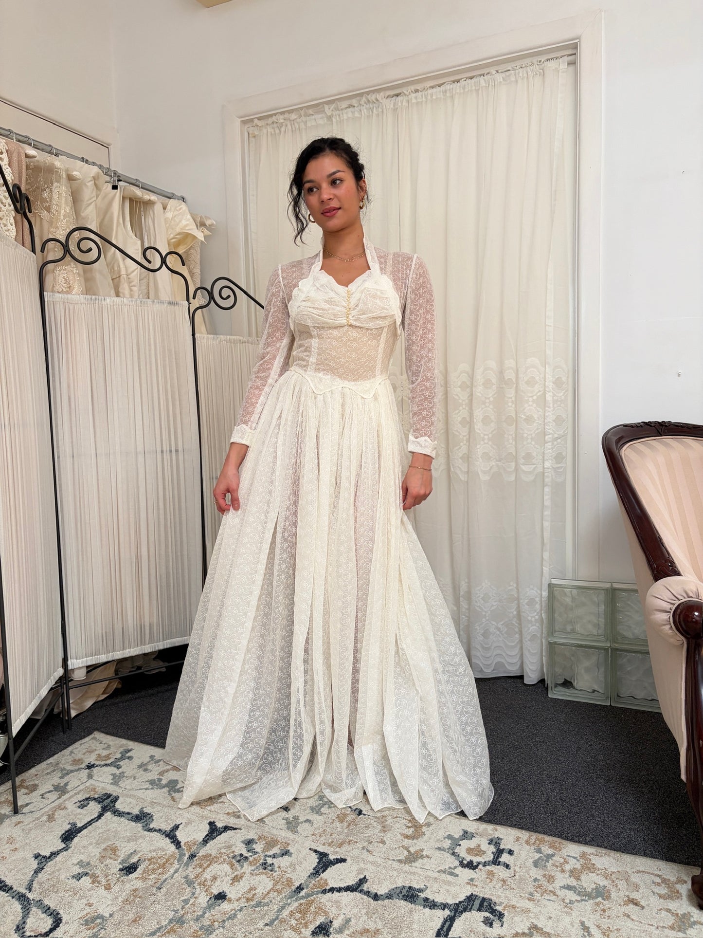 Vintage 60s long sleeve semi sheer lace high neck wedding gown