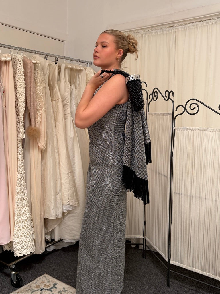 Vintage 70s silver evening dress with matching fringed cape