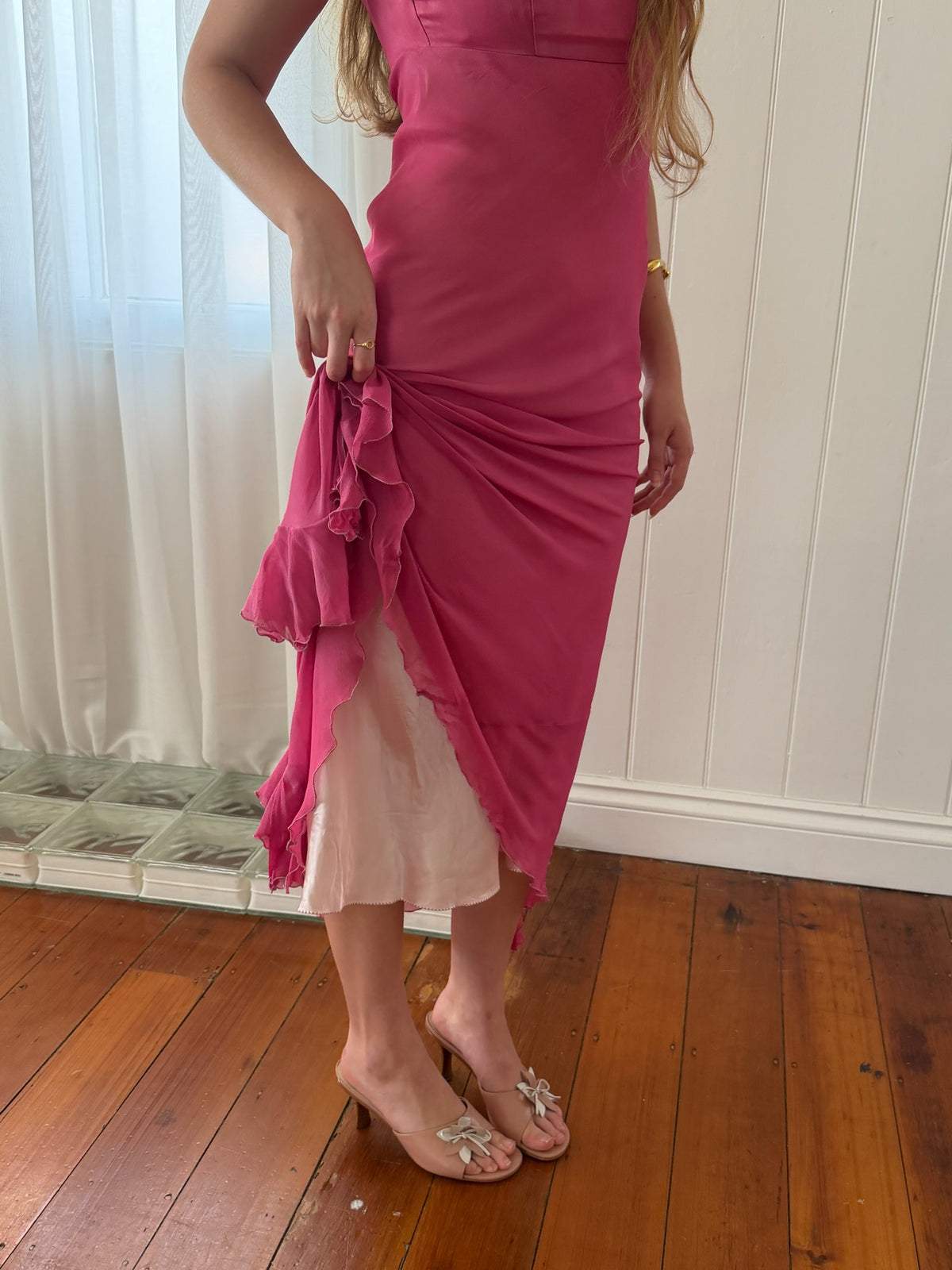 Vintage 1990 Jenny Bannister pink silk empire waist ruffle maxi dress