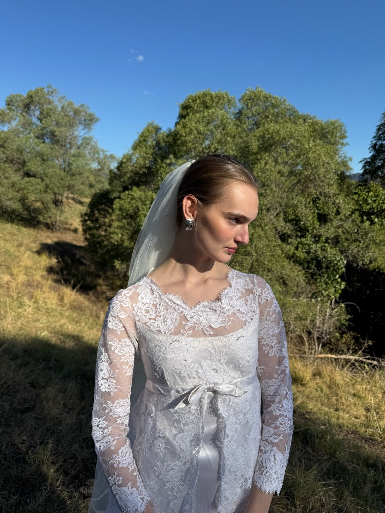 Vintage 60s long sleeve satin column gown with lace cape