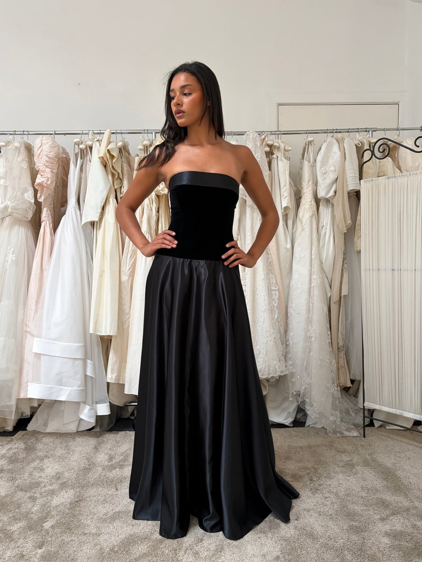 Vintage 80s Jean Allen black strapless satin velvet evening gown