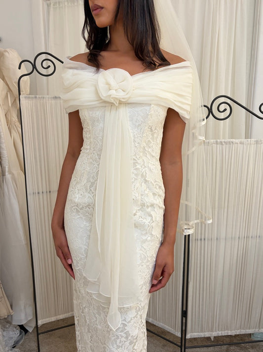 Vintage 90s lace off shoulder column wedding dress with rosette