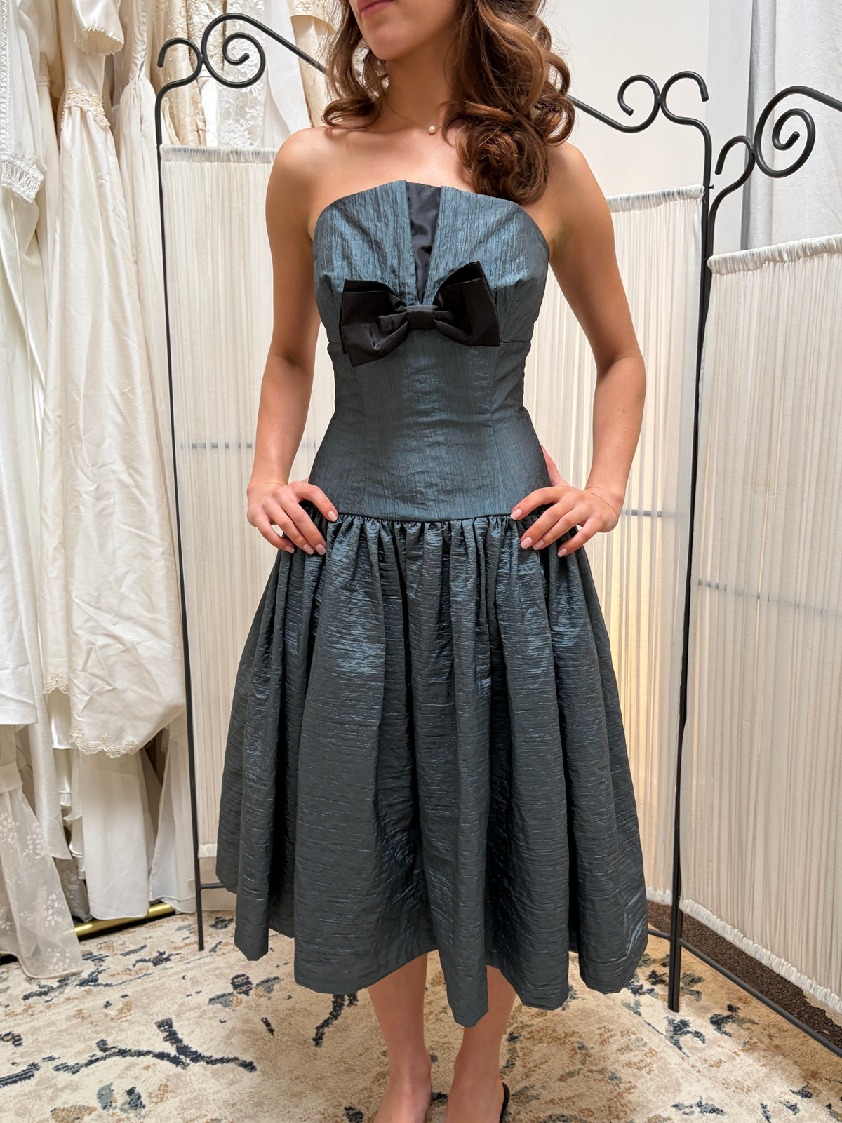 Vintage 80s slate drop waist midi dress with bow
