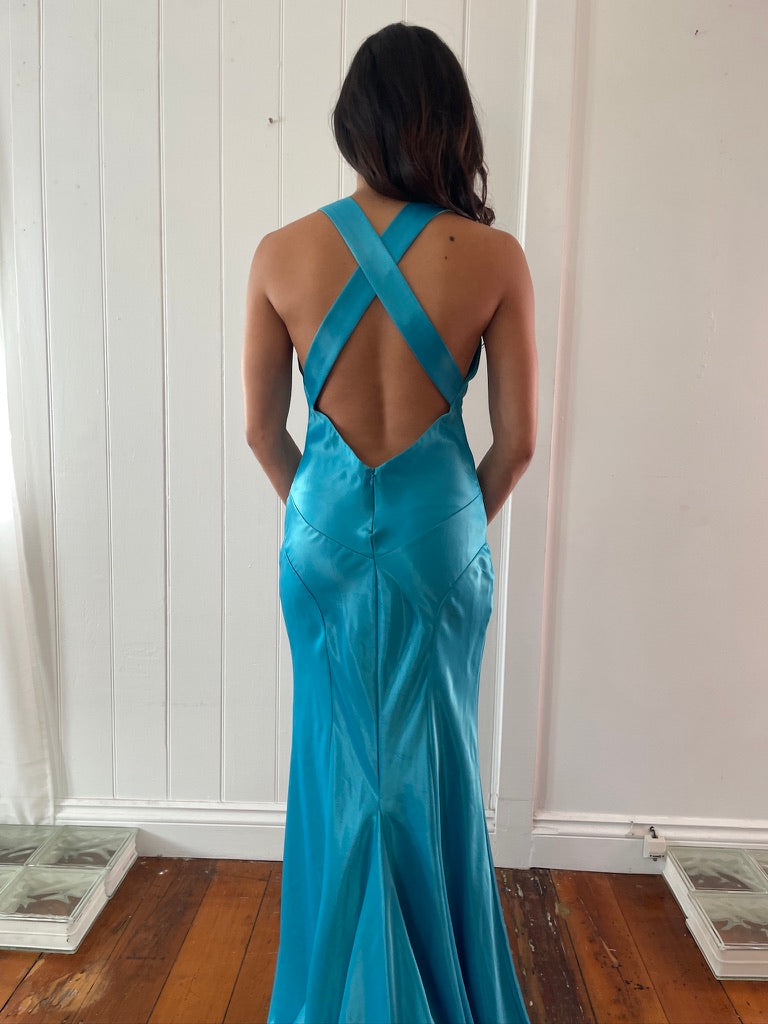 Vintage y2k Ruth Tarvydas aqua blue satin evening gown