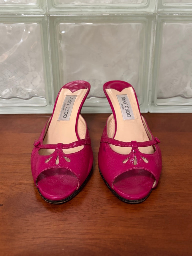 Vintage Jimmy Choo hot pink patent leather mule kitten heels