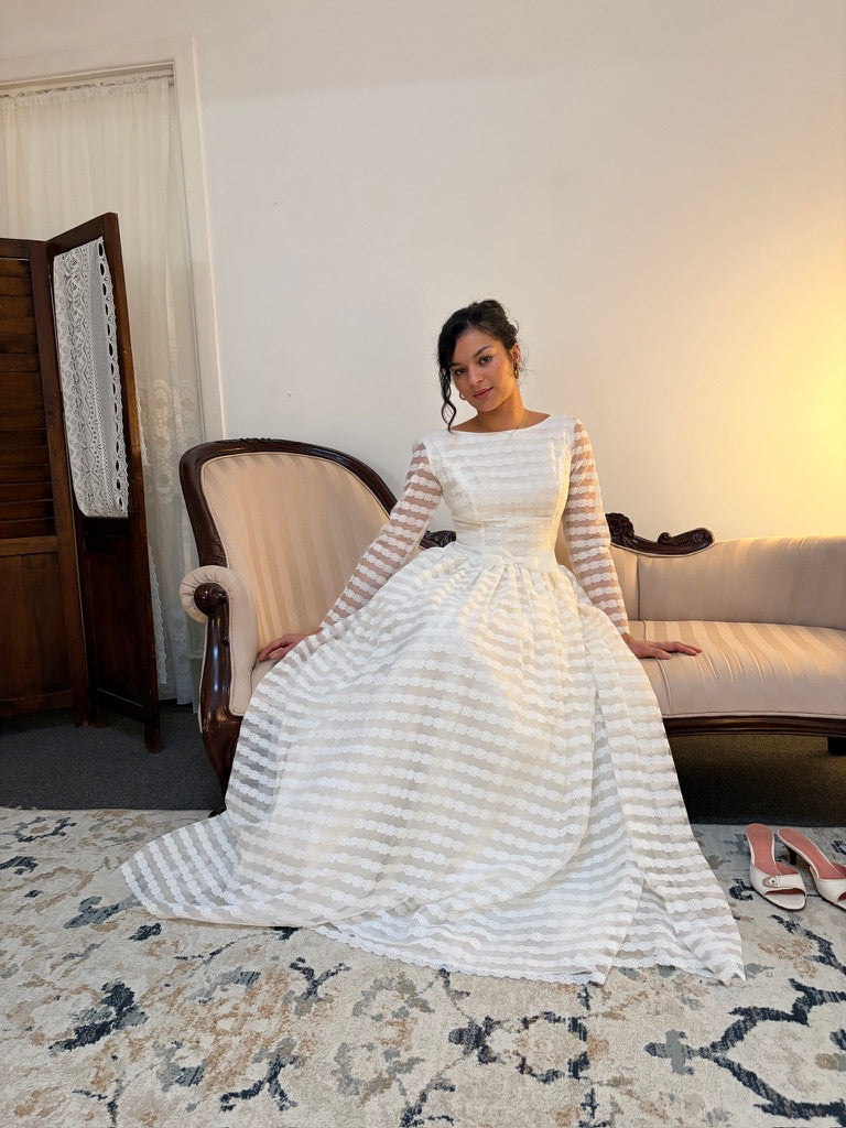 Vintage 60s lace long sleeve striped wedding gown with bows