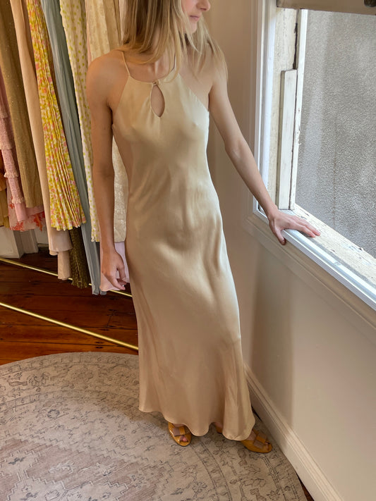 Vintage 90s champagne high neck bias cut evening dress