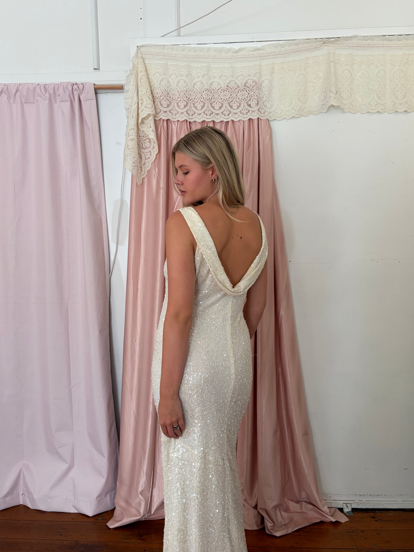 Vintage 90s silk beaded high neck gown with low back