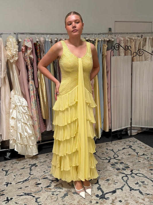 Vintage Y2K Frank Usher yellow silk beaded evening gown