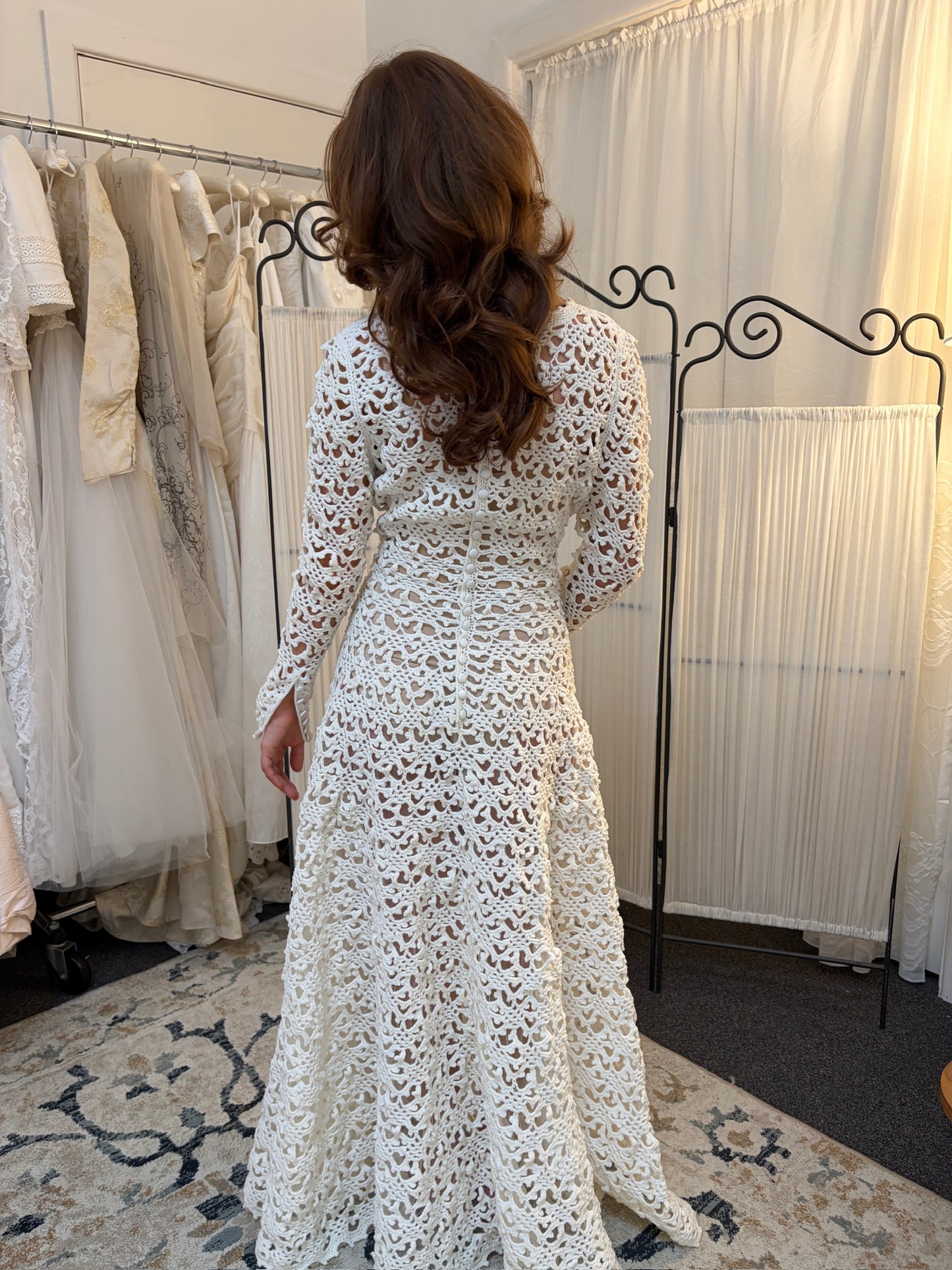 Vintage 70s ivory crochet long sleeve a-line wedding dress