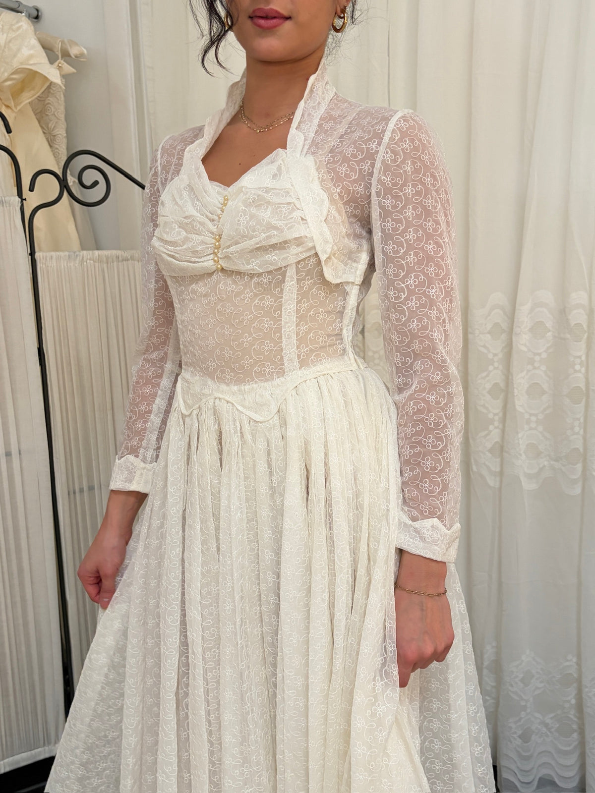 Vintage 60s long sleeve semi sheer lace high neck wedding gown