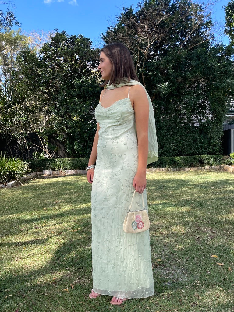Vintage 90s pistachio green silk beaded open back evening dress