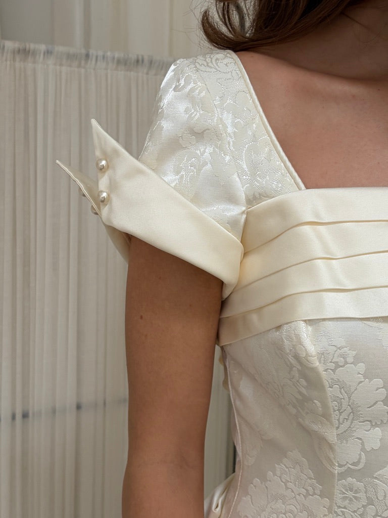 Vintage 90s jacquard column wedding dress with detachable train