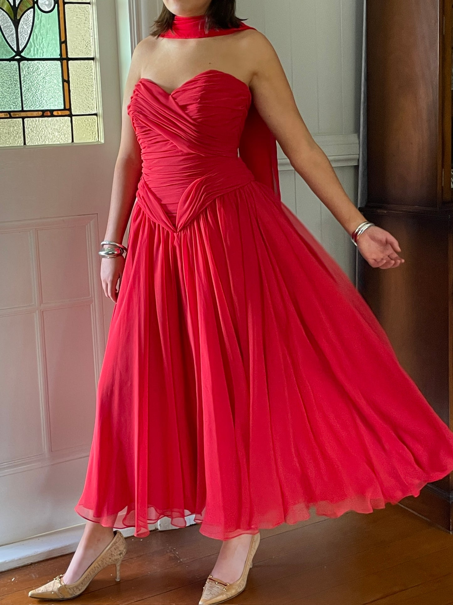 Vintage 80s red strapless basque waist gown with pleated bodice