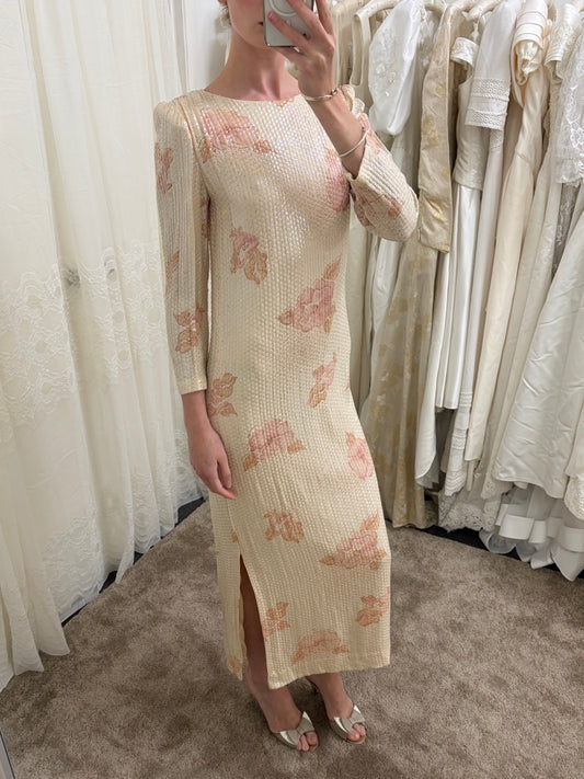 Vintage 80s Saks long sleeve sequinned floral evening dress
