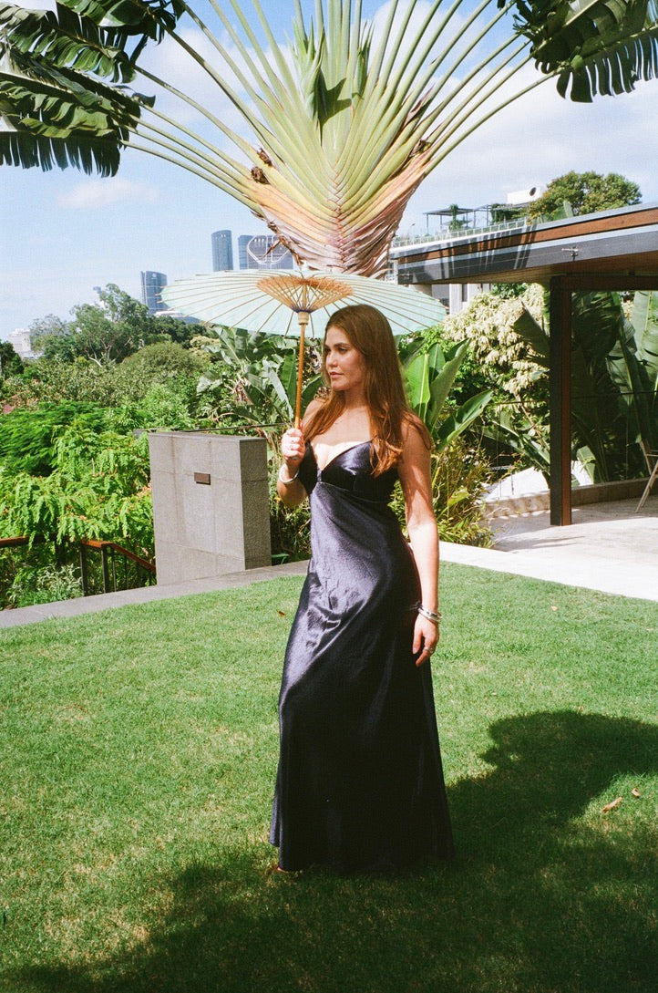 Vintage 90s navy satin open back evening gown