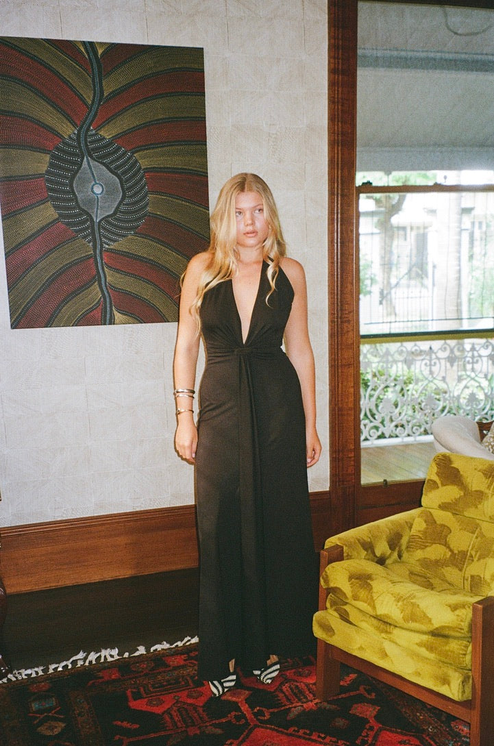 Kyra Dress - Vintage 90s black plunge neck evening gown