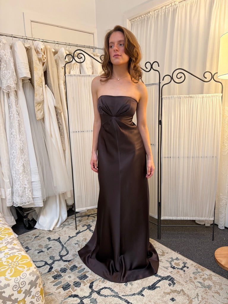 Vintage 90s Shelli Segal brown satin strapless evening gown