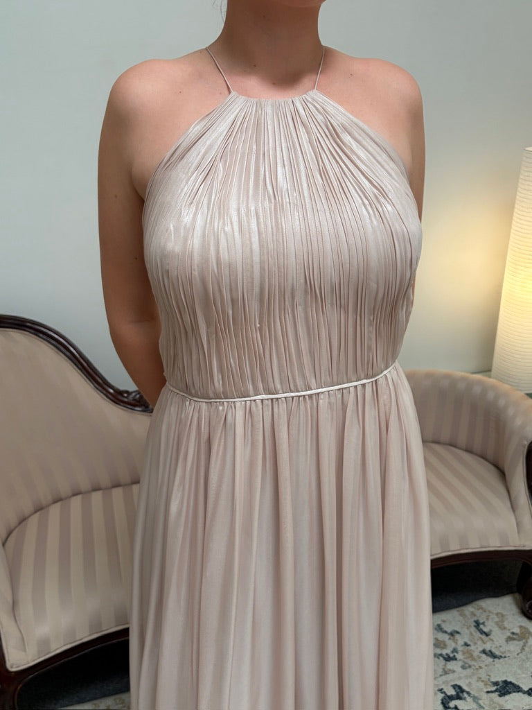 Vera Wang dusty pink shimmery pleated high neck gown