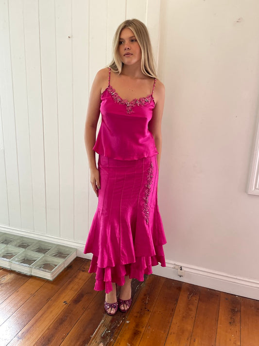 Vintage y2k hot pink silk skirt cami set