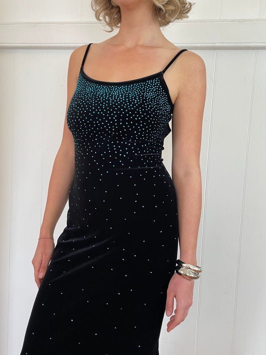 Vintage 90s black velvet midi dress with blue sparkle