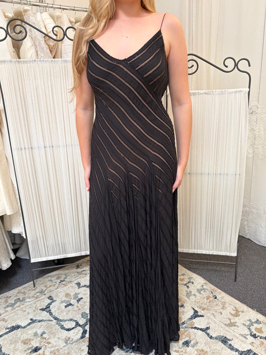 Vintage 90s Carmen Marc Valco black silk stripe beaded evening gown