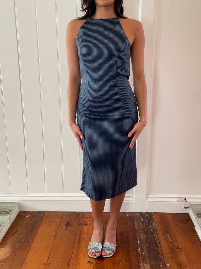 Vintage y2k Versace backless pinstripe midi dress