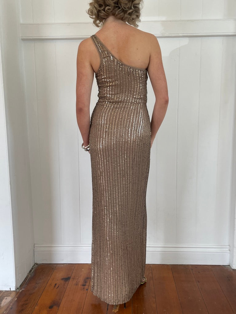 Vintage Y2K Ruth Tarvydas Bronze silk sequinned gown