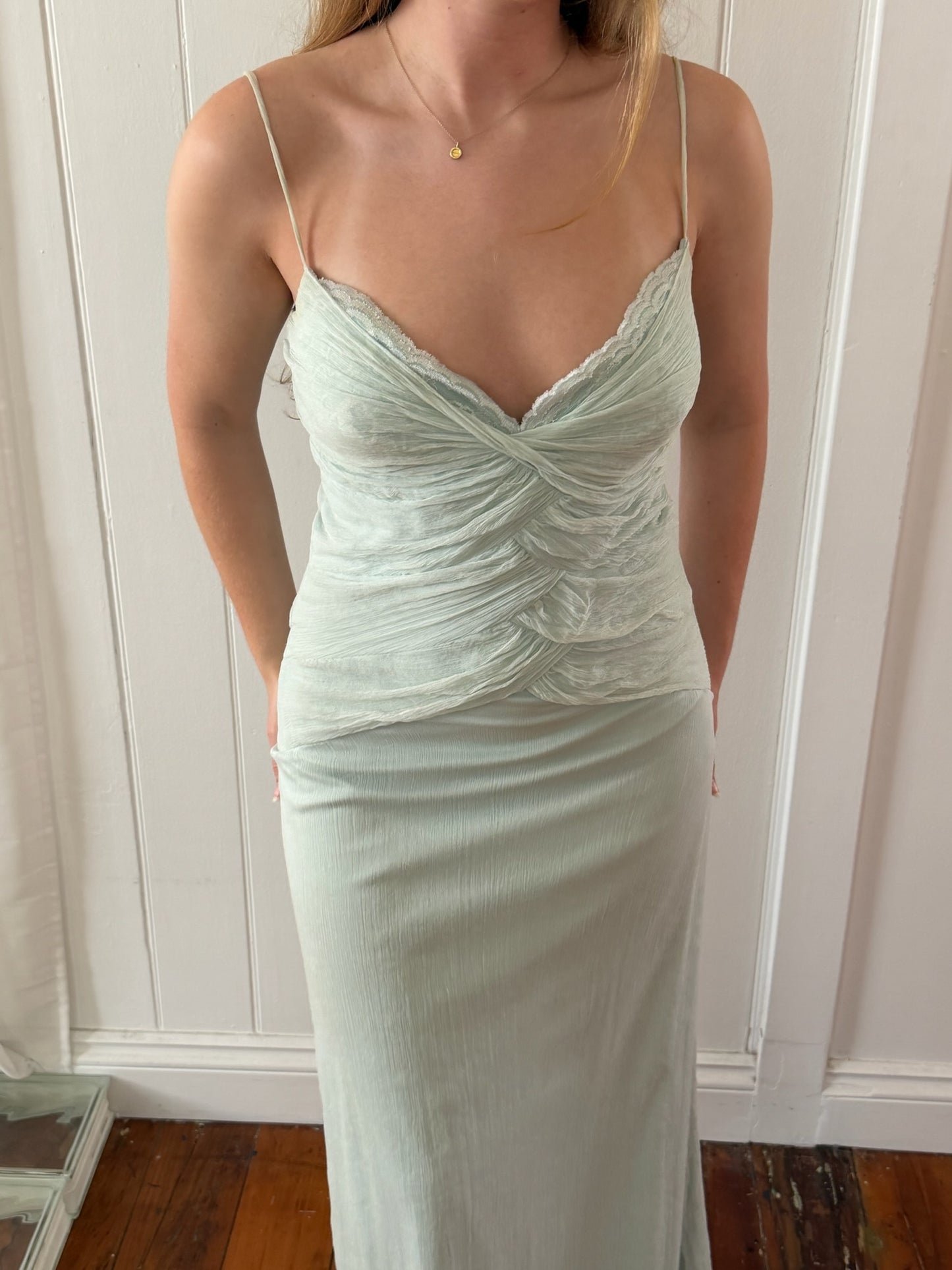 Vintage 90s baby blue silk ruched evening dress