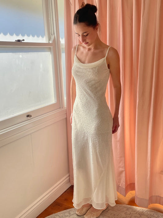 Vintage 90s white silk beaded bias cut slip dress