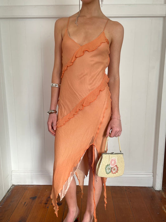 Vintage y2k pastel orange silk bias cut midi dress