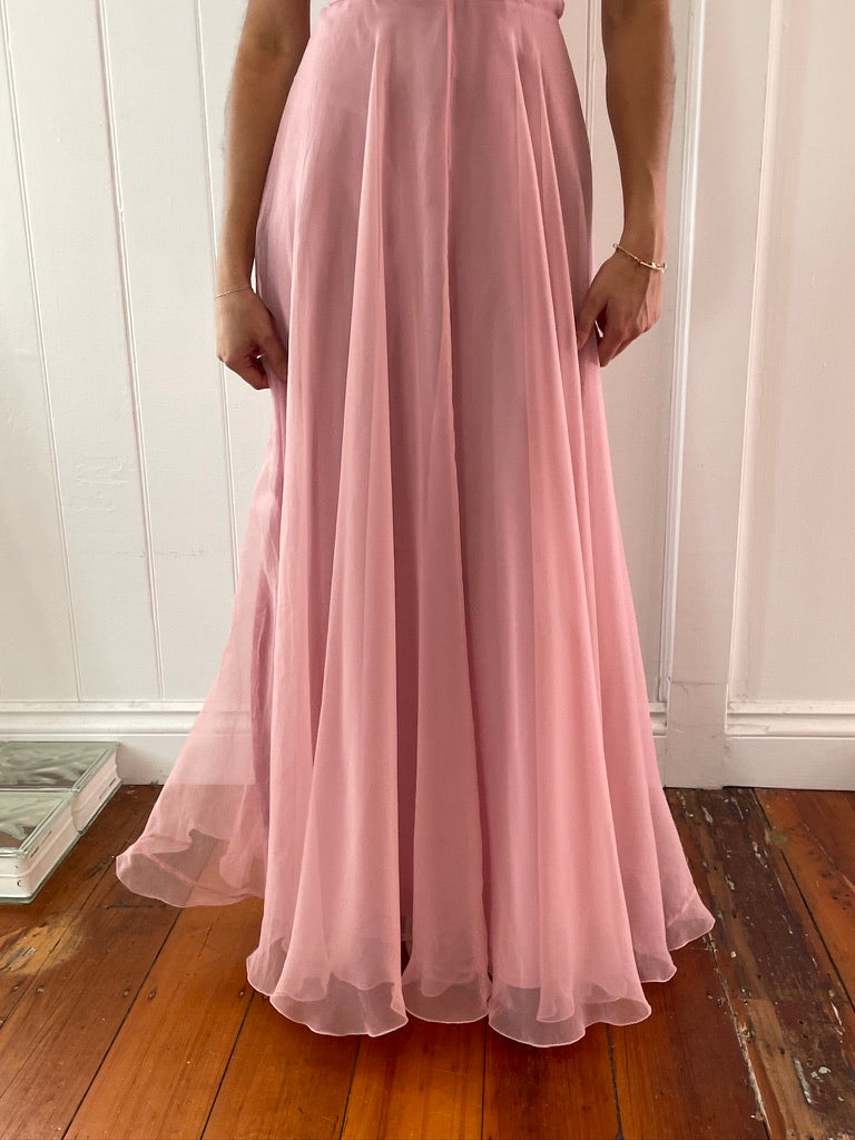 Vintage 70s dusty pink maxi dress with sheer bolero