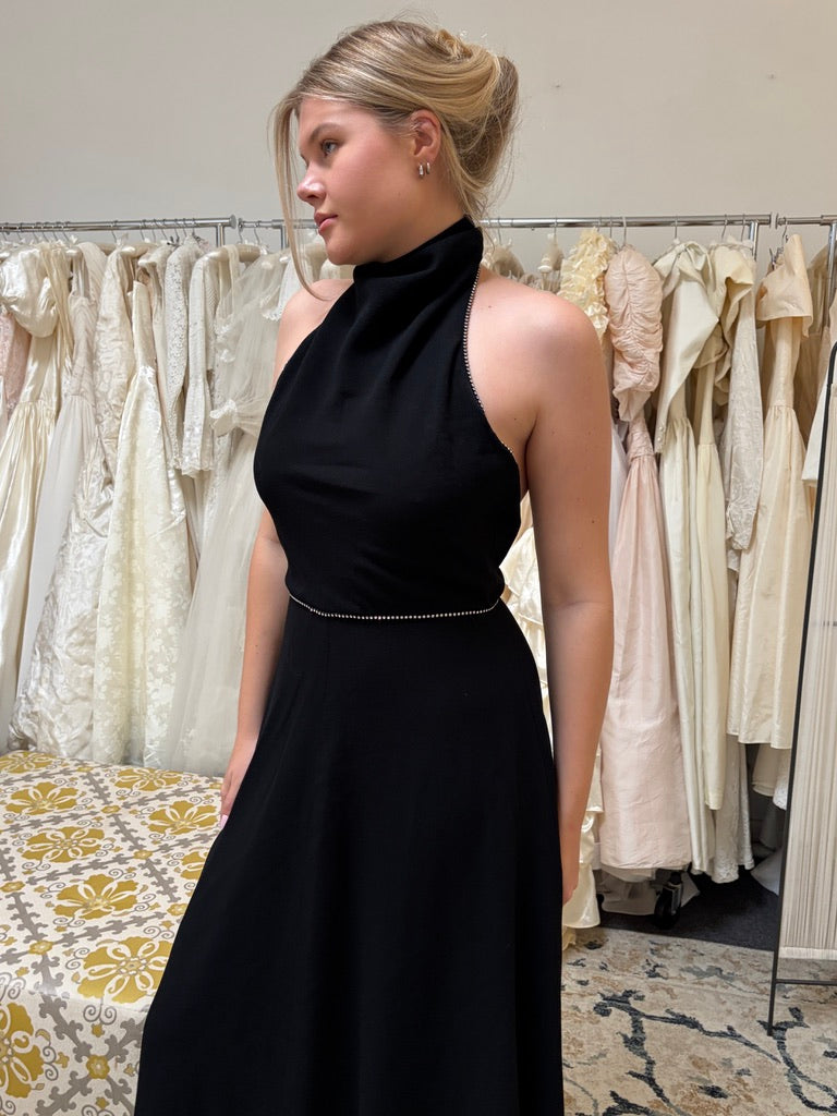 Vintage 70s Joan Leslie black open back halter gown with diamante trim