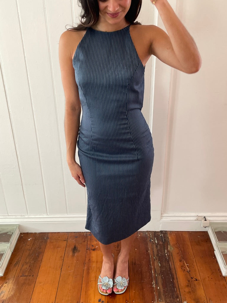 Vintage y2k Versace backless pinstripe midi dress