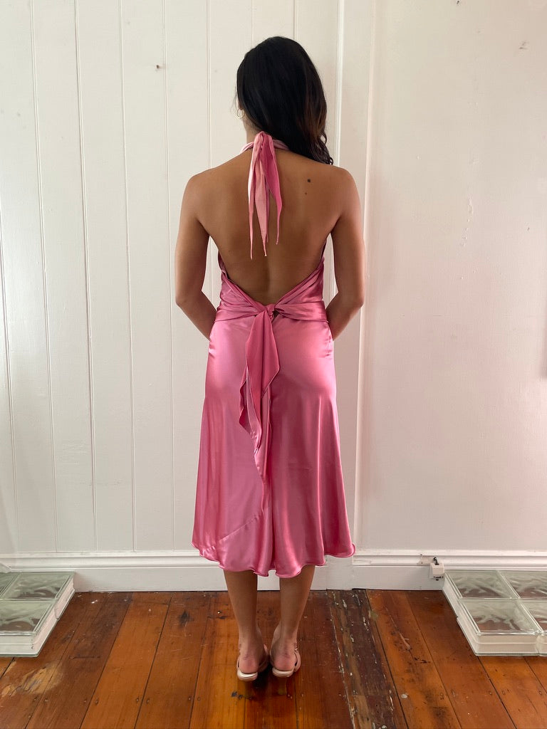 Vintage 90s pink satin open back halter neck midi dress
