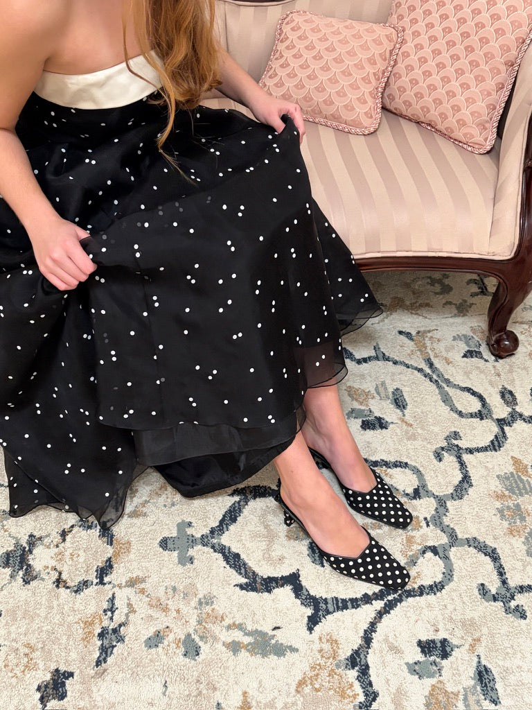 Vintage 00s Kay Unger black strapless polka dot evening dress