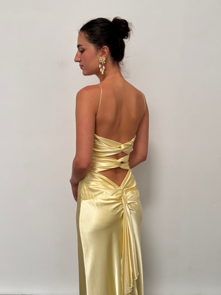 Vintage Y2K Ruth Tarvydas lemon satin twist gown