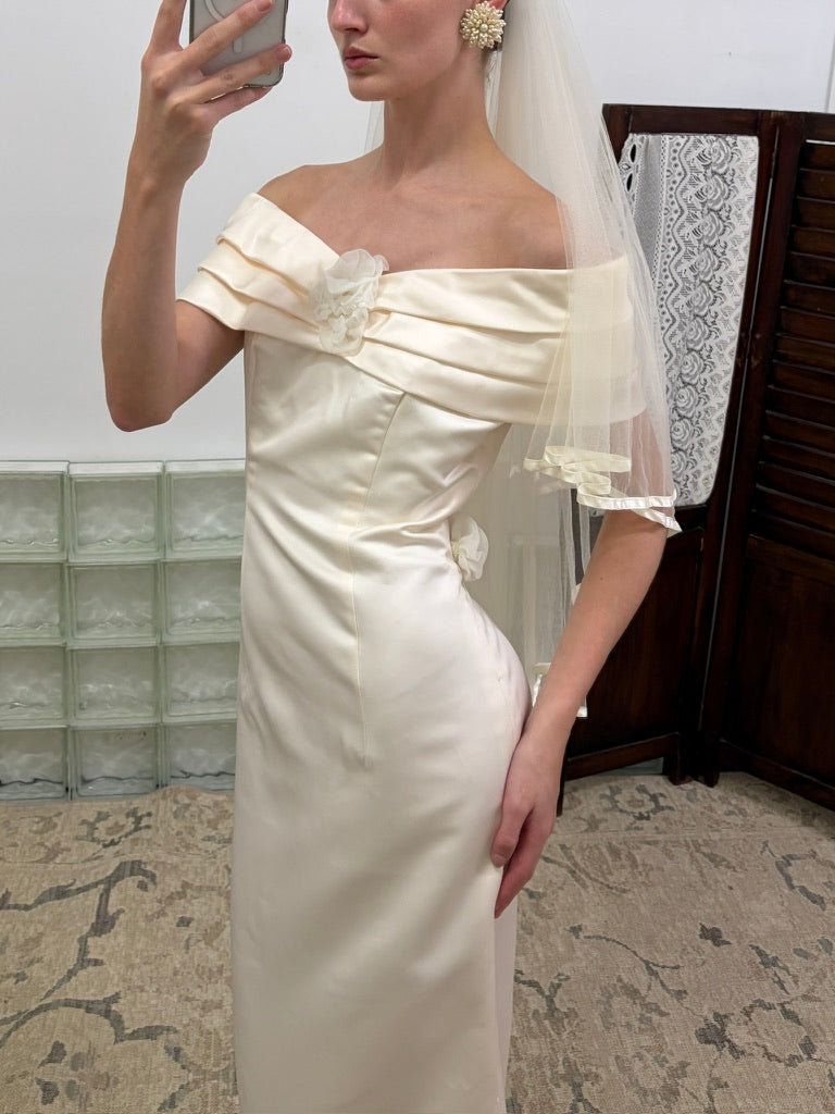 Vintage 1997 silk off shoulder wedding dress with rosettes