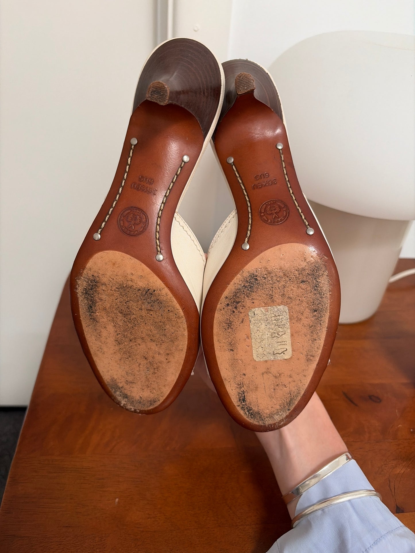 Vintage Bally white mule kitten heels with silver buckle