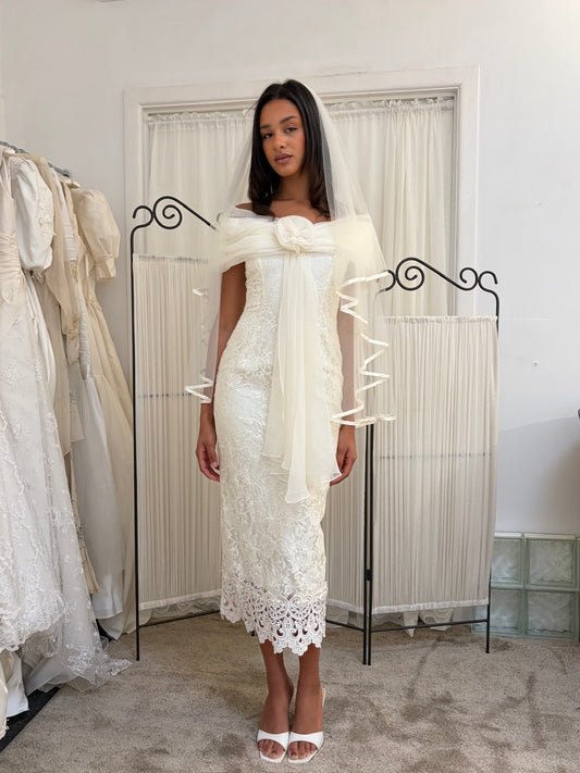 Vintage 90s lace off shoulder column wedding dress with rosette
