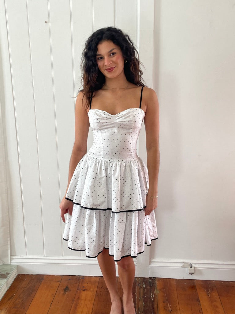 Vintage 80s white polka dot tiered mini dress