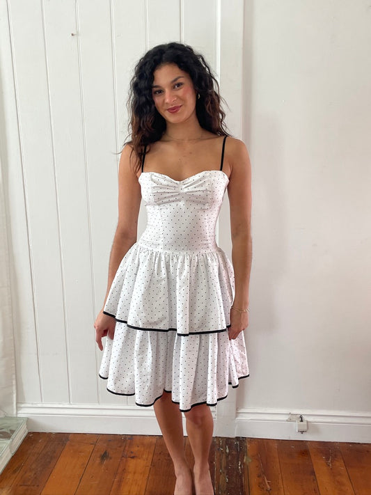 Vintage 80s white polka dot tiered mini dress