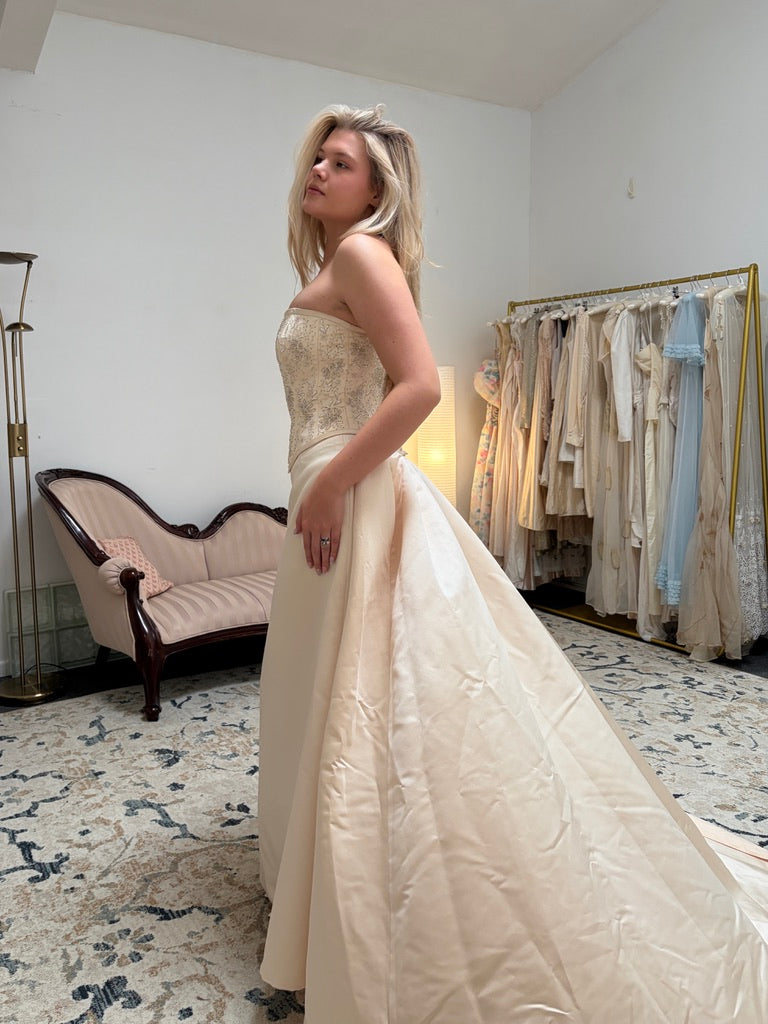 Vintage 00s Pronuptia champagne strapless wedding dress with detachable train
