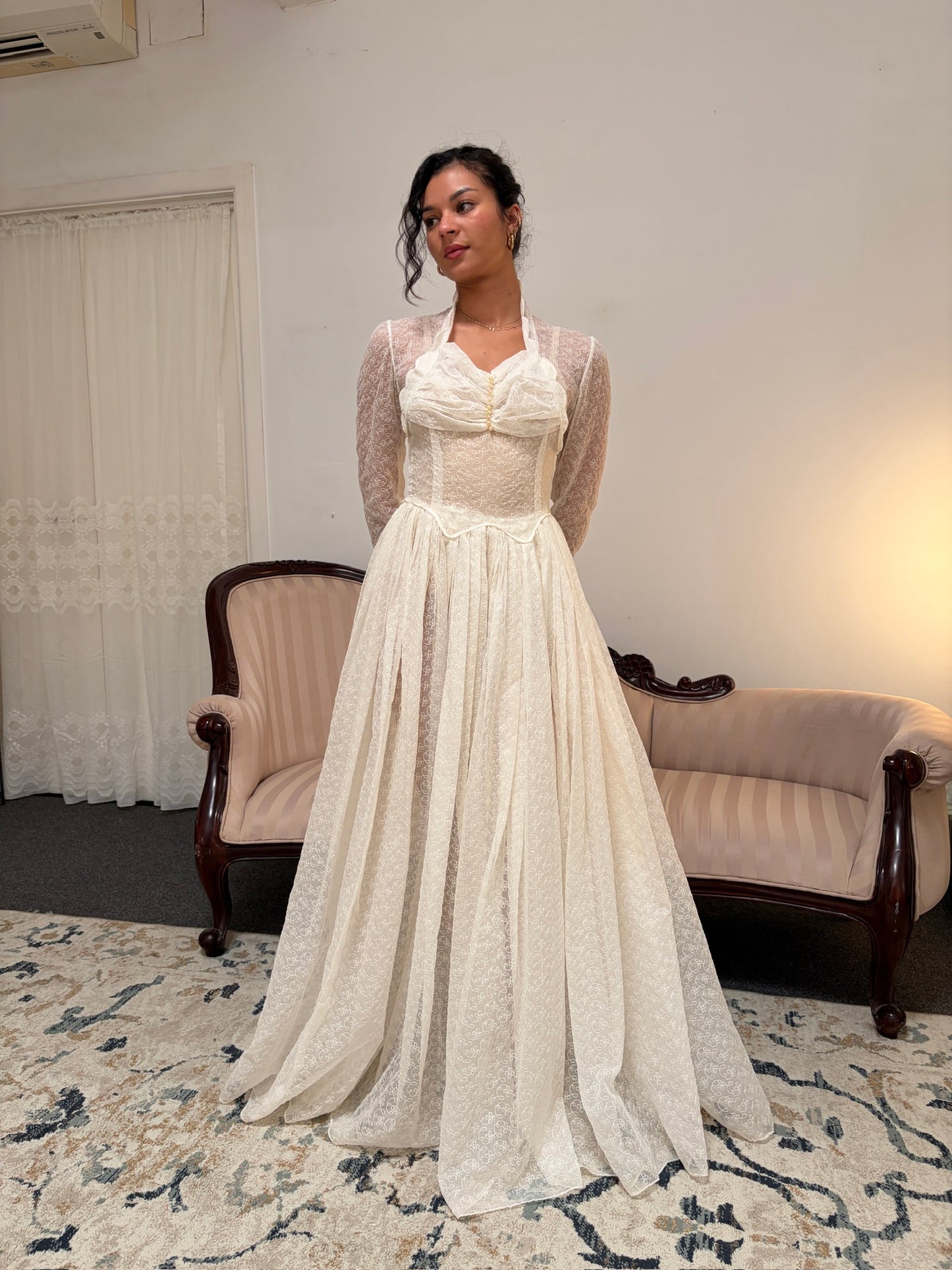 Vintage 60s long sleeve semi sheer lace high neck wedding gown