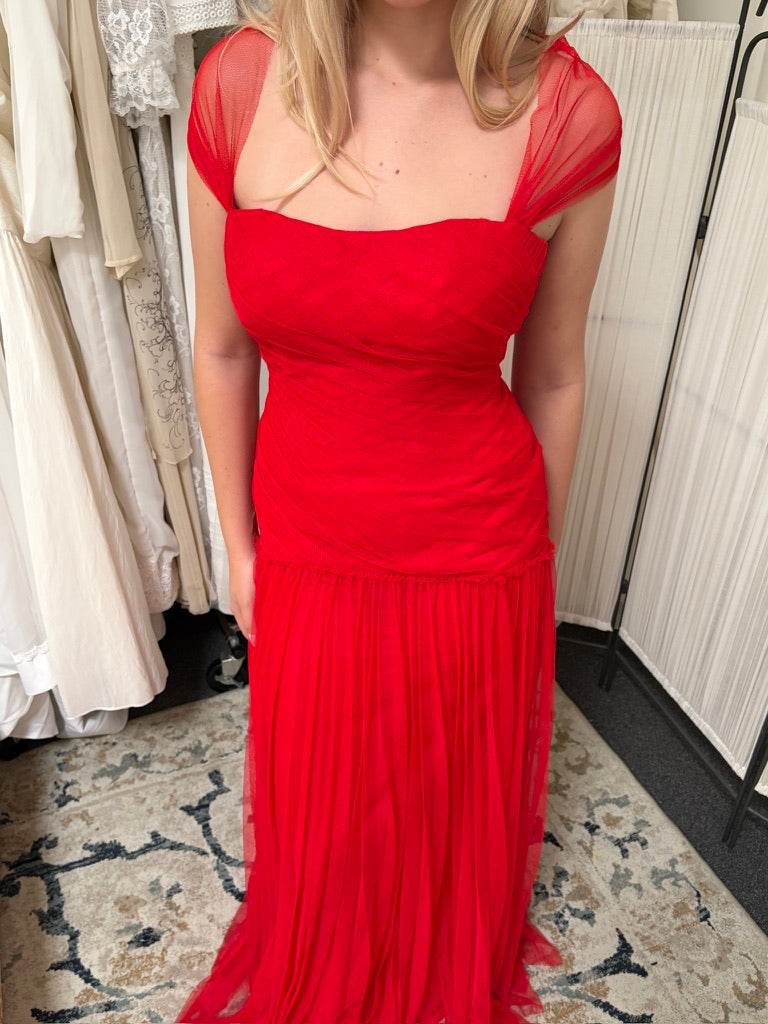 Vintage 00s Vera Wang red tulle drop waist evening dress