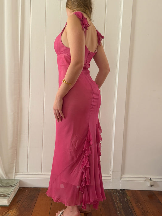 Vintage 1990 Jenny Bannister pink silk empire waist ruffle maxi dress